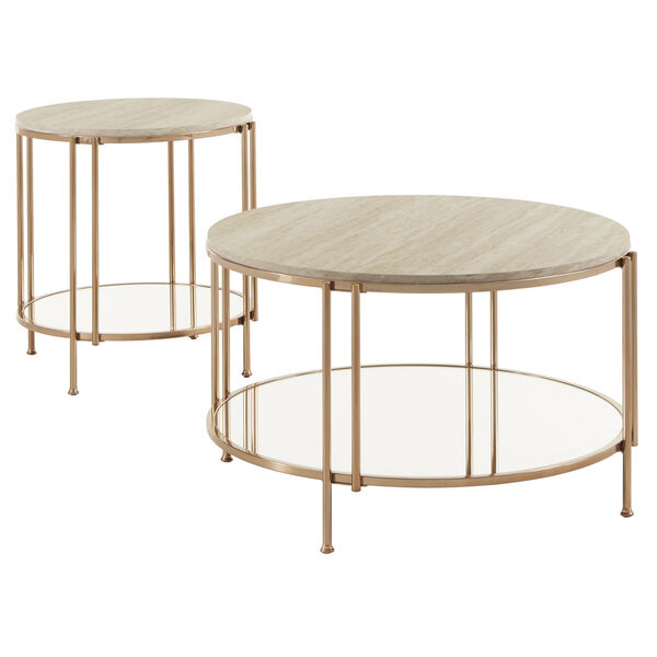 Koga Champagne Gold Table Set with Faux Marble Top and Mirror Bottom, image 2